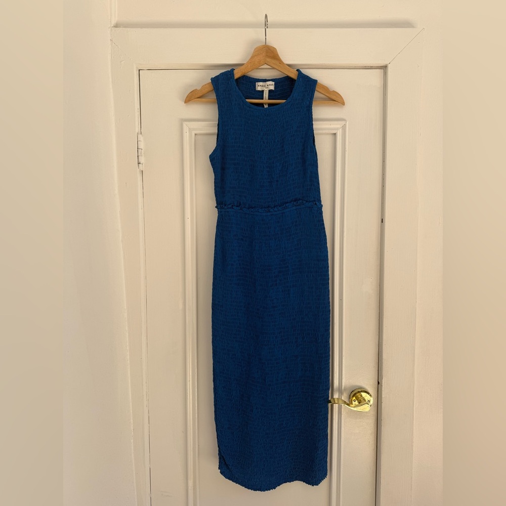 A Piece Apart Cobalt Blue Smocked Midi Dress XS Sleeveless Ruffle Waist